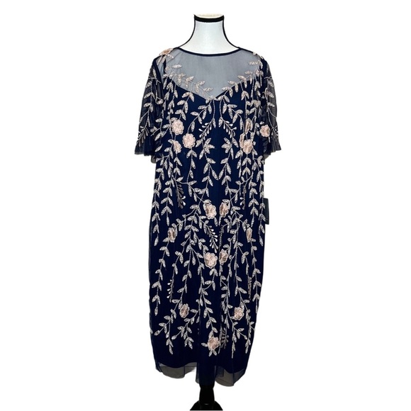 Adrianna Papell Flutter Sleeve Blue and Pink Midi Dress - Picture 1 of 5